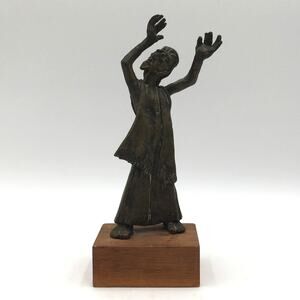 Cast Bronze Brutalist Rabbi Praising Sculpture on Wood Base 10.25"